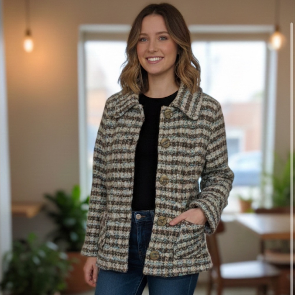 Sigrid Olsen Blue and Brown Wool Blend Knit Jacket Size 1X